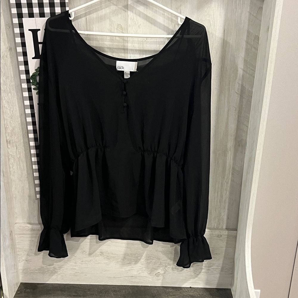 Black Peplum Blouse with Long Bell Sleeves